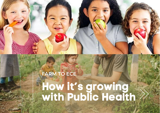 Smiling children eating fruits and vegetables and a family with young children in a garden.